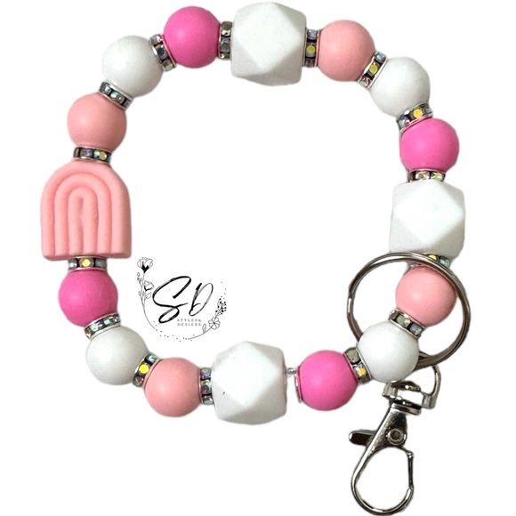 Pink and white Rainbow Silicone Wristlet Keychain, 7 1/2” inch - Picture 2 of 3